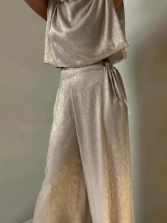 Glossy Sleeveless Top & Strappy Wide-leg Pants Set