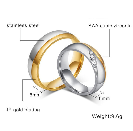 प्रेमी के लिए रोमांटिक वेडिंग रिंग्स, गोल्ड कलर स्टेनलेस स्टील कपल रिंग्स, सगाई पार्टी ज्वेलरी, वेडिंग बैंड्स