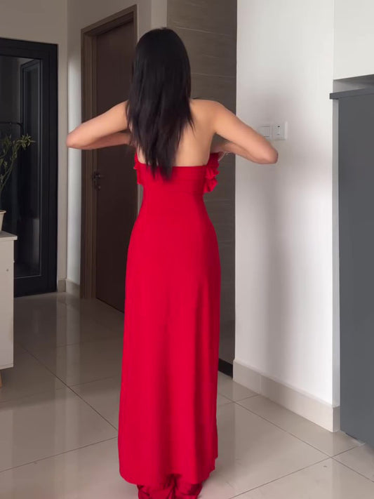 Three-piece Red Ruffled Halterneck Pants Suit