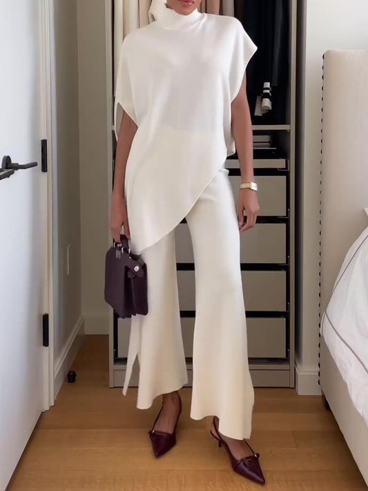 High Collar Irregular Hem Top & Slit Pants Suit