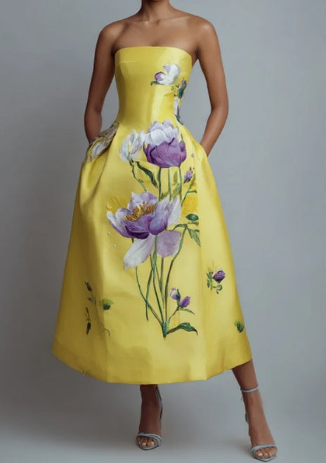 Yellow Floral Print Strapless Midi Dress