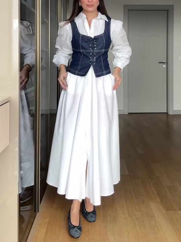 सफेद स्ट्रैपी लॉन्ग स्लीव शर्ट ड्रेस