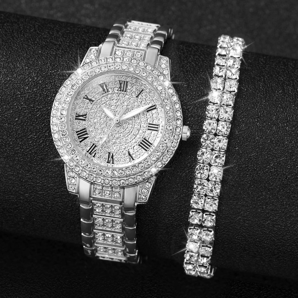 2PCS Fashion Full Diamond Women's Watch Gold Steel Band Analog Quartz Watches Bracelet Set