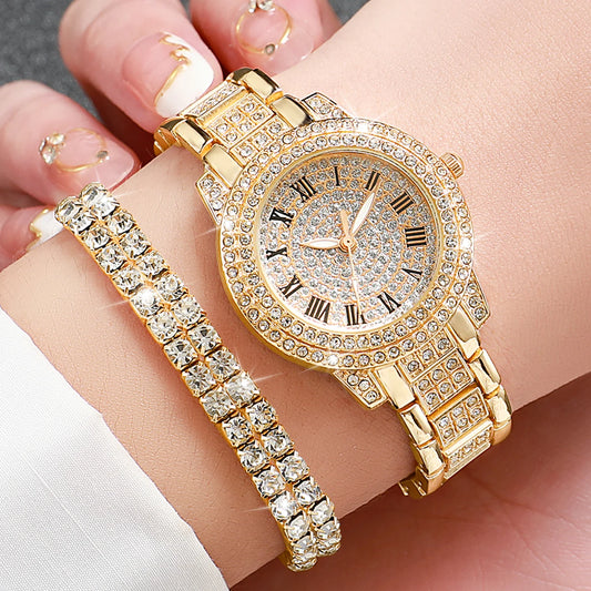 2PCS Fashion Full Diamond Women's Watch Gold Steel Band Analog Quartz Watches Bracelet Set