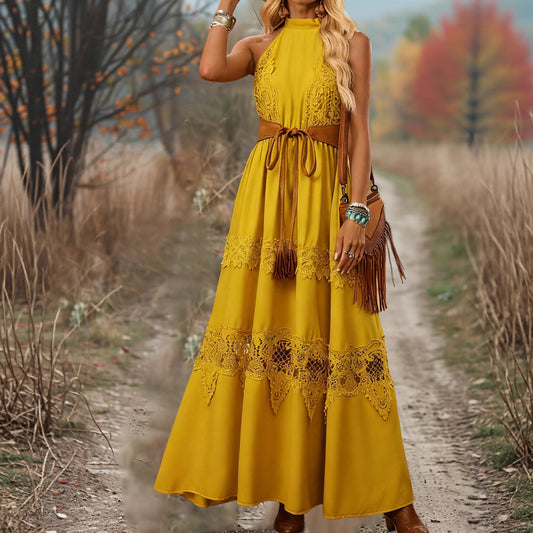 Womens Lace-Patchwork Ethnic-Style Sleeveless Dress