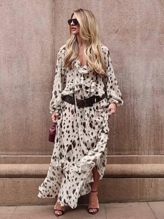 Spotted Print Ruffled Long-sleeve Dress