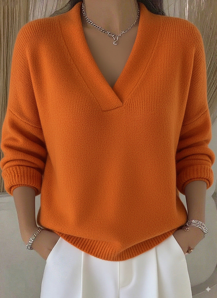 كنزة نسائية أنيقة وناعمة بياقة على شكل حرف V وأكمام طويلة، كنزة فضفاضة محبوكة، مناسبة لفصلي الخريف والشتاء، لون سادة جديد، كنزة نسائية عصرية محبوكة.