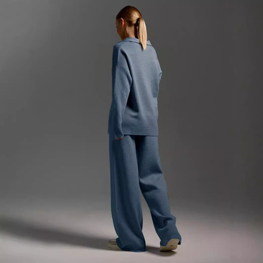 Women's Sweatshirt Suit Casual Collared Long-Sleeved Pullover Top And Loose Straight-Leg Pants Fashion Sport Trousers Set