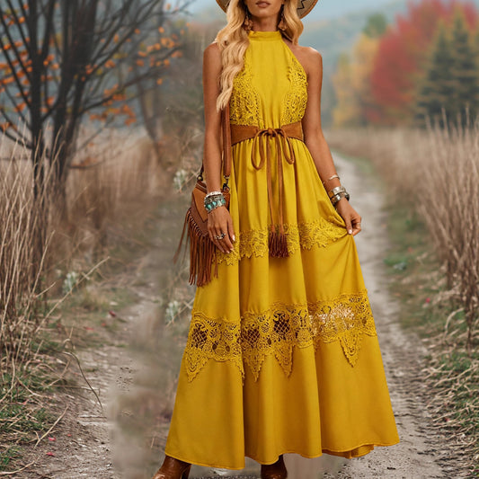 Womens Lace-Patchwork Ethnic-Style Sleeveless Dress