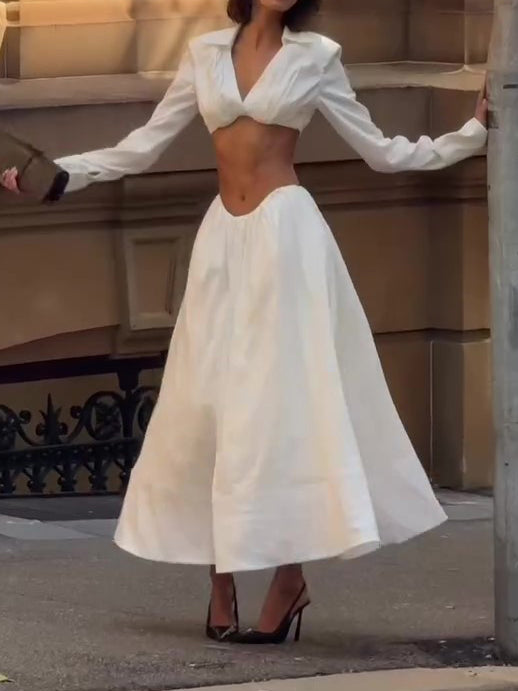 White Cutout Shirt Collar Two-Piece Set - Long Sleeve Crop Top & High-Waisted Maxi Skirt