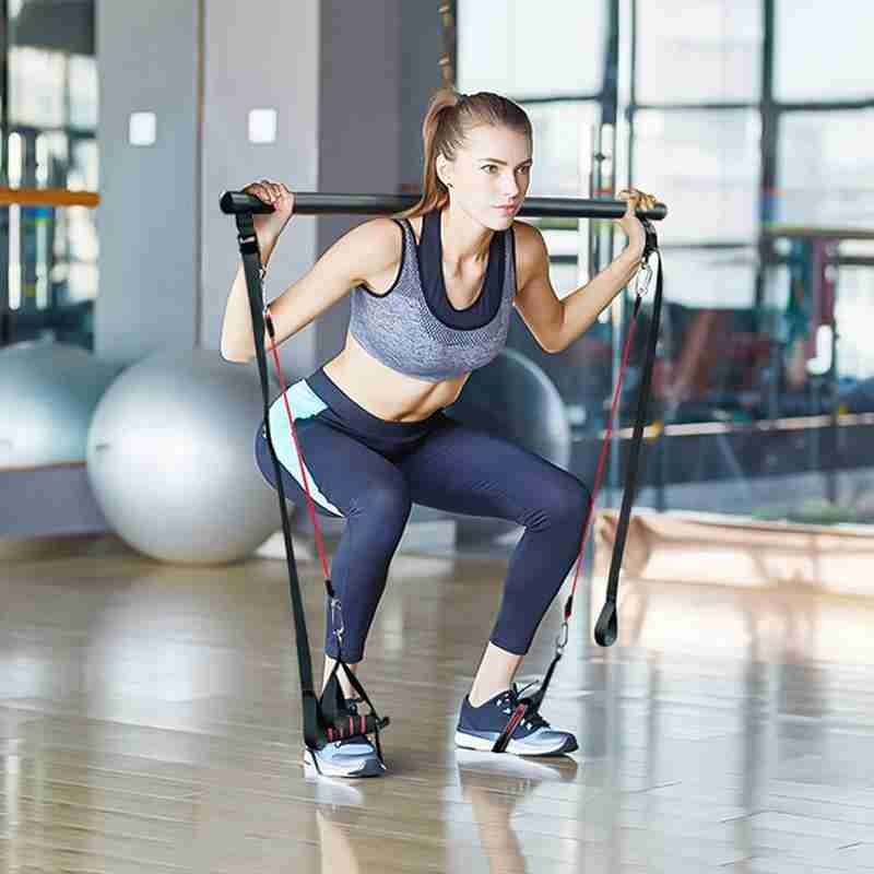 مجموعة قضيب بيلاتس مع أحزمة مقاومة، معدات رياضية منزلية محمولة، قضيب وأحزمة تمارين رياضية مثالية قابلة للتمدد