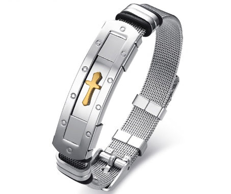 पुरुषों के लिए स्टेनलेस स्टील क्रॉस बाइबल चार्म ब्रेसलेट रिस्टबैंड, एडजस्टेबल वॉच बैंड, क्रिश्चियन ज्वेलरी 