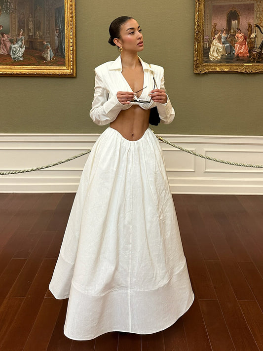 White Cutout Shirt Collar Two-Piece Set - Long Sleeve Crop Top & High-Waisted Maxi Skirt