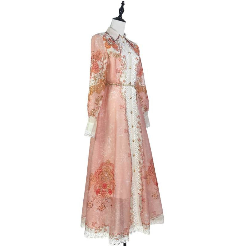 Printed Collar Single Breasted Lace Dress