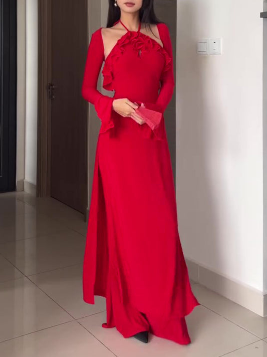Three-piece Red Ruffled Halterneck Pants Suit