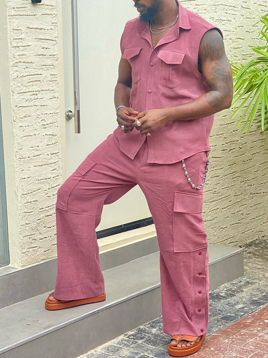 Sleeveless Button - Up Shirt And Cargo Pants Set
