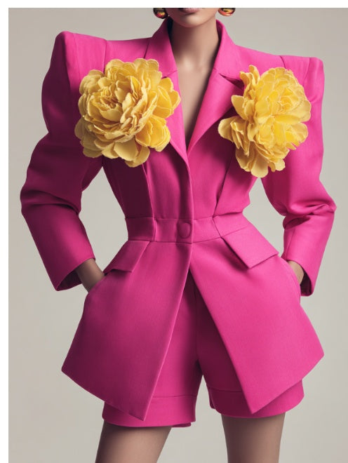 High-Fashion 3D Floral Structured Blazer & Shorts Set