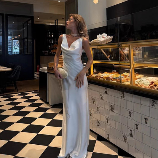 Women's Fashion French Style  Sleeveless V-Neck Swing Collar Dress Satin Dinner Dresses Chest Pleat Design Elegant Textured Slim Fit Party Socialite Dress
