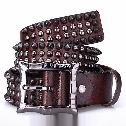 Unisex Day-Clasp Pointed Rivet Belt Made From Full-Grain Cowhide Leather
