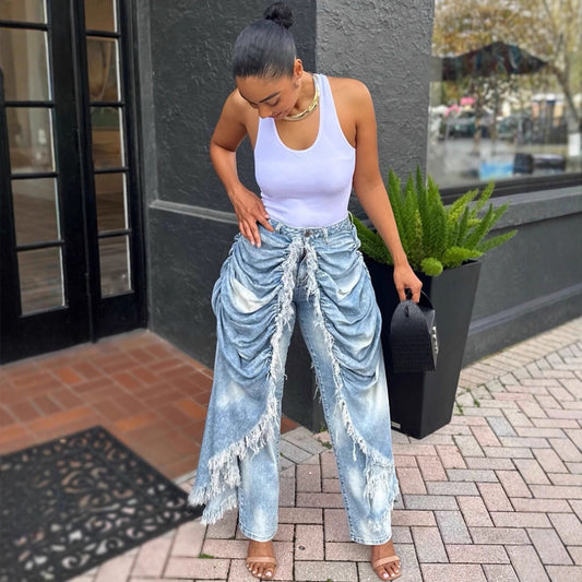 Womens High-Waisted Denim Jeans With Ruffled Hems