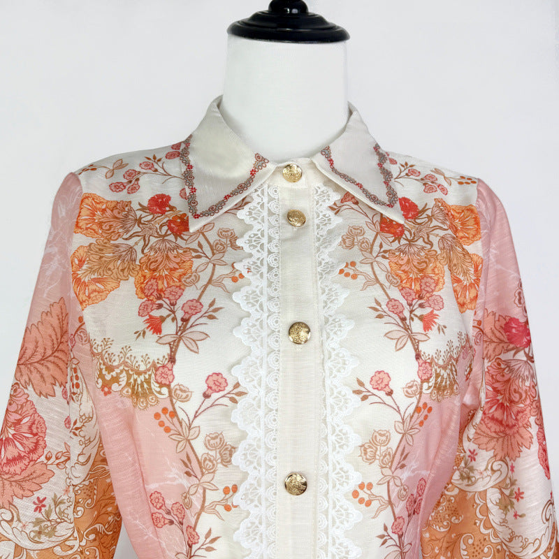 Printed Collar Single Breasted Lace Dress