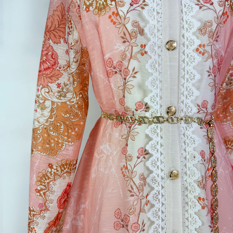 Printed Collar Single Breasted Lace Dress