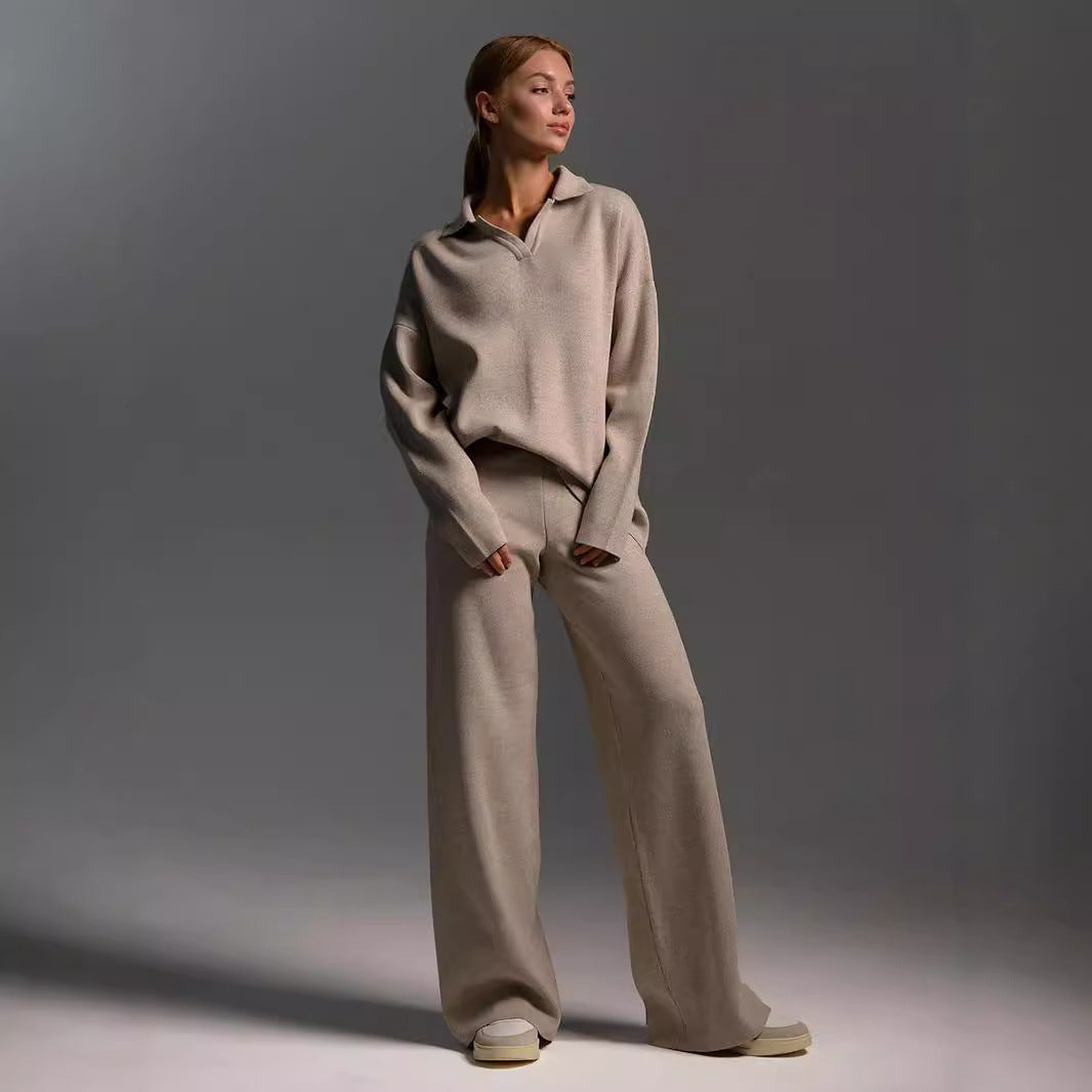 Women's Sweatshirt Suit Casual Collared Long-Sleeved Pullover Top And Loose Straight-Leg Pants Fashion Sport Trousers Set