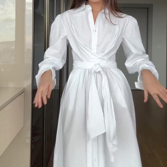 White Strappy Long Sleeve Shirt Dress