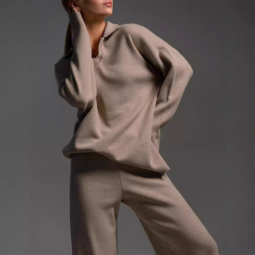 Women's Sweatshirt Suit Casual Collared Long-Sleeved Pullover Top And Loose Straight-Leg Pants Fashion Sport Trousers Set