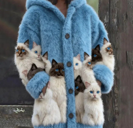 Womens Casual Hooded Cape With Cat Print