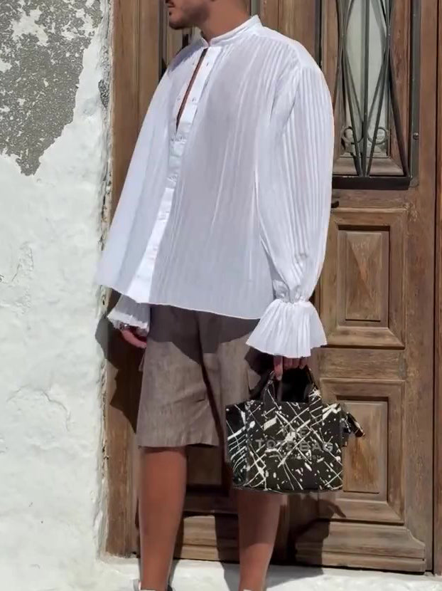 White Retro Stand-Collar Pleated Shirt