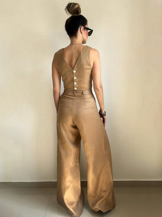 Khaki Button Back Vest & Wide Leg Pants Set