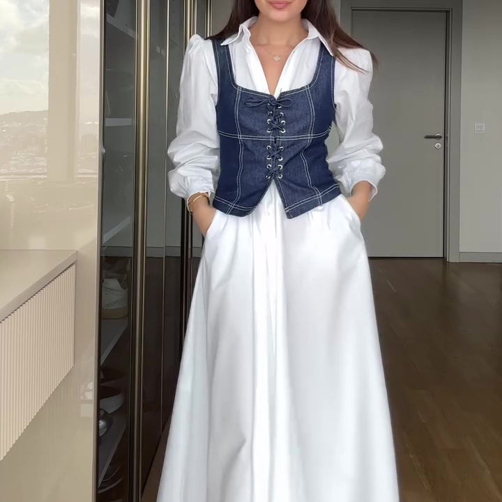 सफेद स्ट्रैपी लॉन्ग स्लीव शर्ट ड्रेस