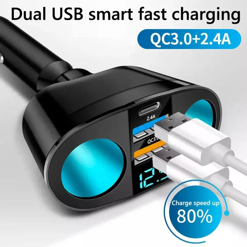 66W Fast Car Charger 12V-24V Socket Splitter Dual USB Type-C Car Charging Digital Display For Mobile Phone DVR Fast Charging