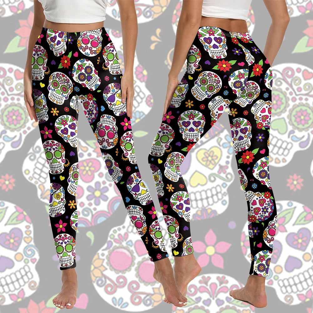 Color Cosplayer Skull Pattern Leggings Women Halloween Skinny Pants Elastic Yoga Leggings Festival Trousers Gothic Outfit