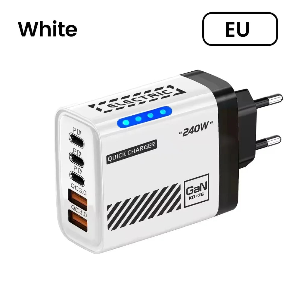 5 IN 1 GaN Desktop Charger For IPhone17 16Pro Laptop Samsung 240W Fast Charging Adapter USB C To Type-C Cable 3PD 2USB Charger