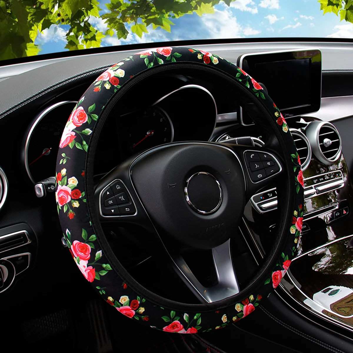 Cherry Blossom & Sunflower Printed Diving Material Car Rimless Steering Wheel Cover Ghost Decoration Fabric For Women