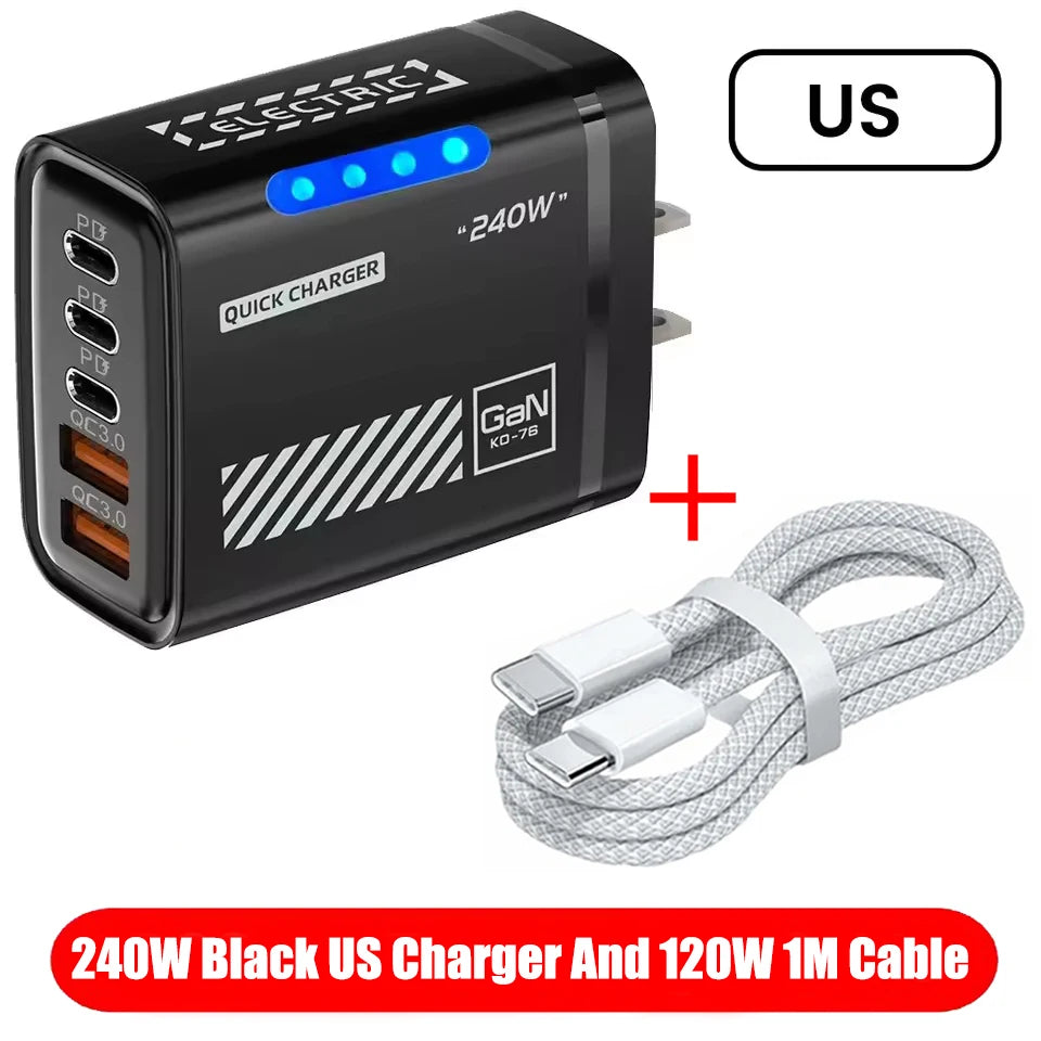 5 IN 1 GaN Desktop Charger For IPhone17 16Pro Laptop Samsung 240W Fast Charging Adapter USB C To Type-C Cable 3PD 2USB Charger