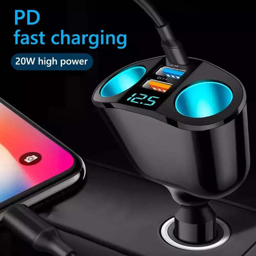 66W Fast Car Charger 12V-24V Socket Splitter Dual USB Type-C Car Charging Digital Display For Mobile Phone DVR Fast Charging