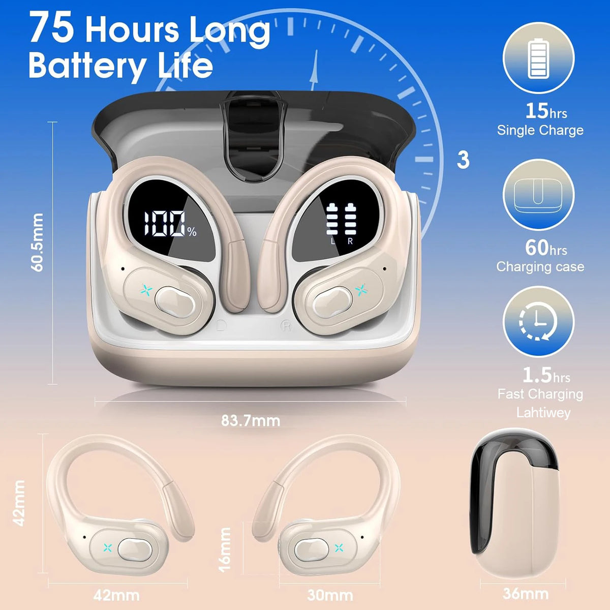 Sports Wireless Earbuds Bluetooth 5.4 TWS Wireless Headphones Waterproof Earhook Earphones with Deep Bass Noise Cancelling Mic