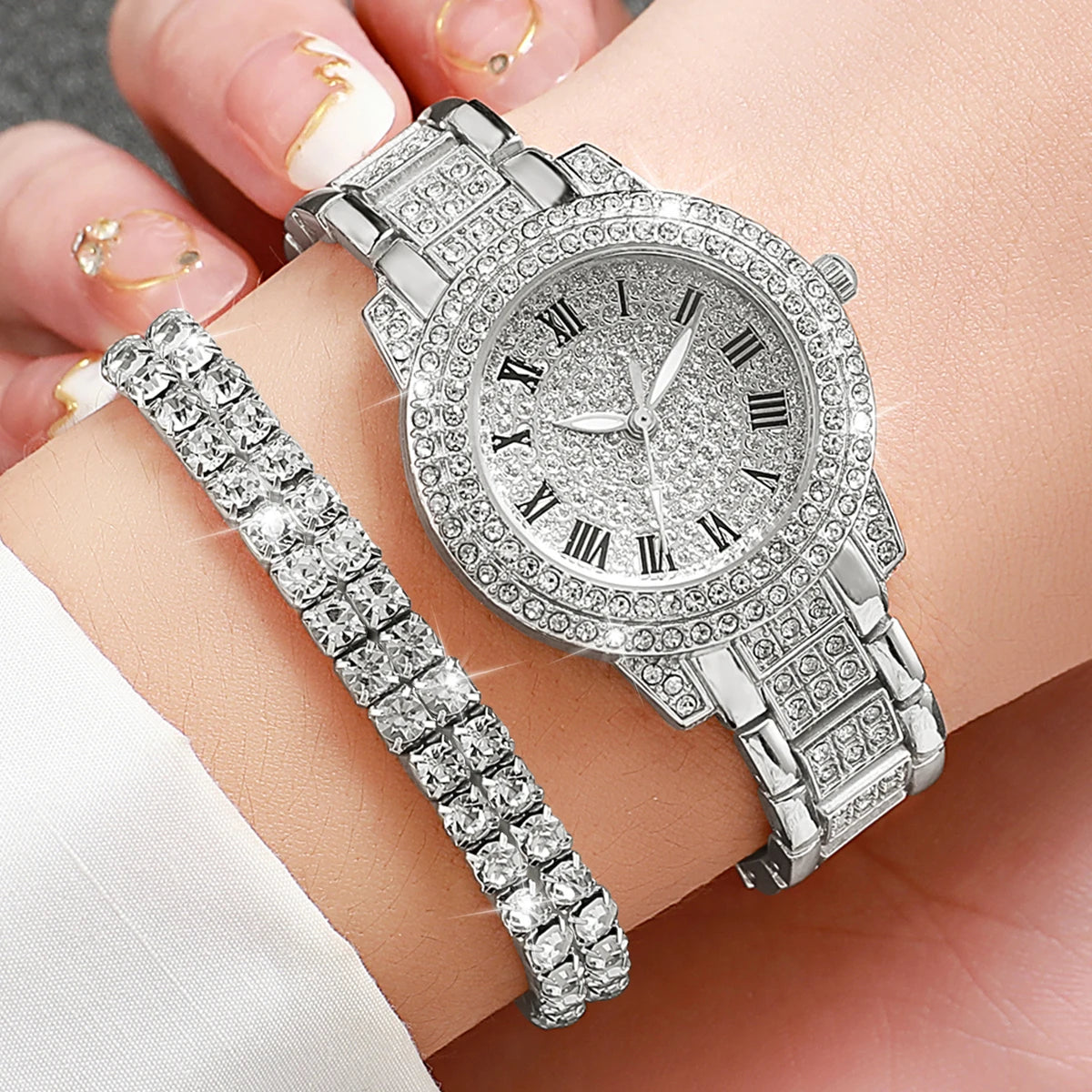 2PCS Fashion Full Diamond Women's Watch Gold Steel Band Analog Quartz Watches Bracelet Set