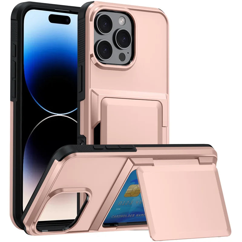iPhone 15, 14, 16, 13, 12, 11 Pro Max के लिए शॉकप्रूफ सिलिकॉन वॉलेट कार्ड स्लॉट फ्लिप फोन केस, iPhone 17 के लिए ब्रैकेट प्रोटेक्टिव केस