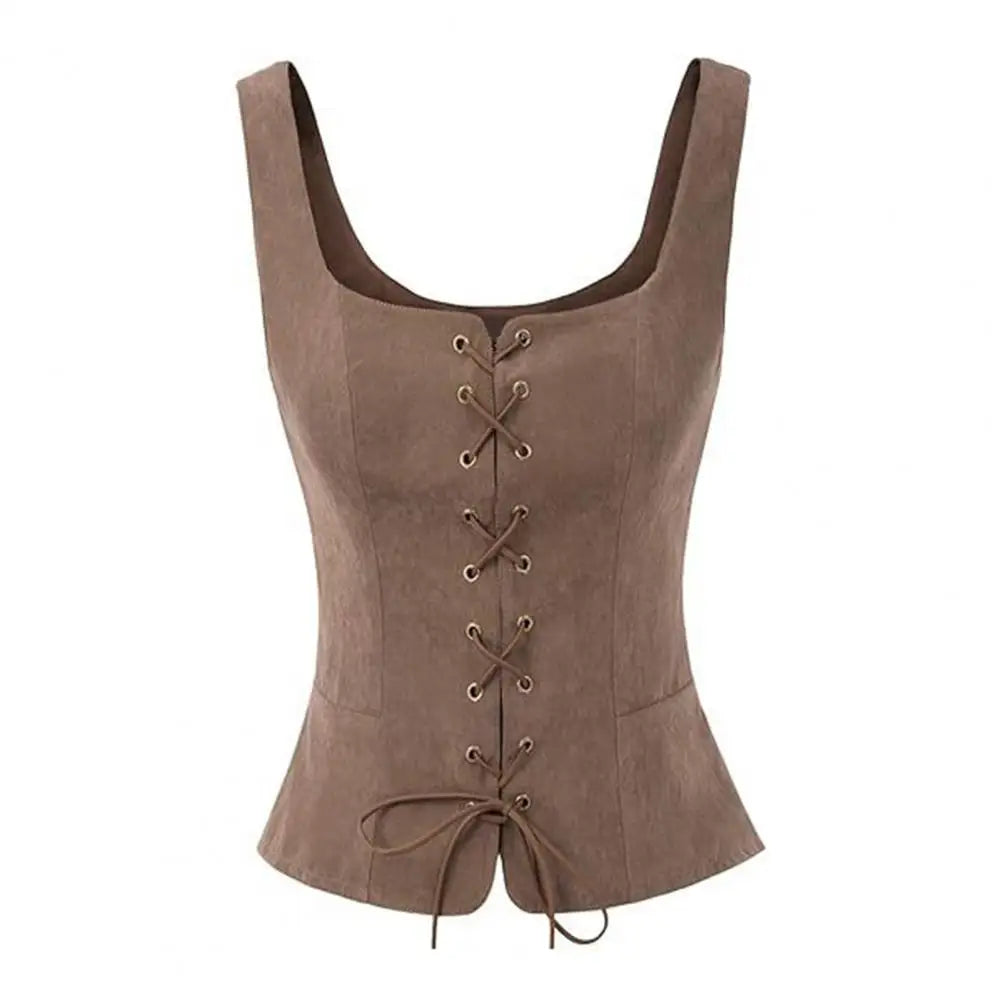 Women Vest Lace-up Strap Renaissance Vinatge Square Neck Sleeveless Medieval Slim Fit Halloween Cosplay Performance Top