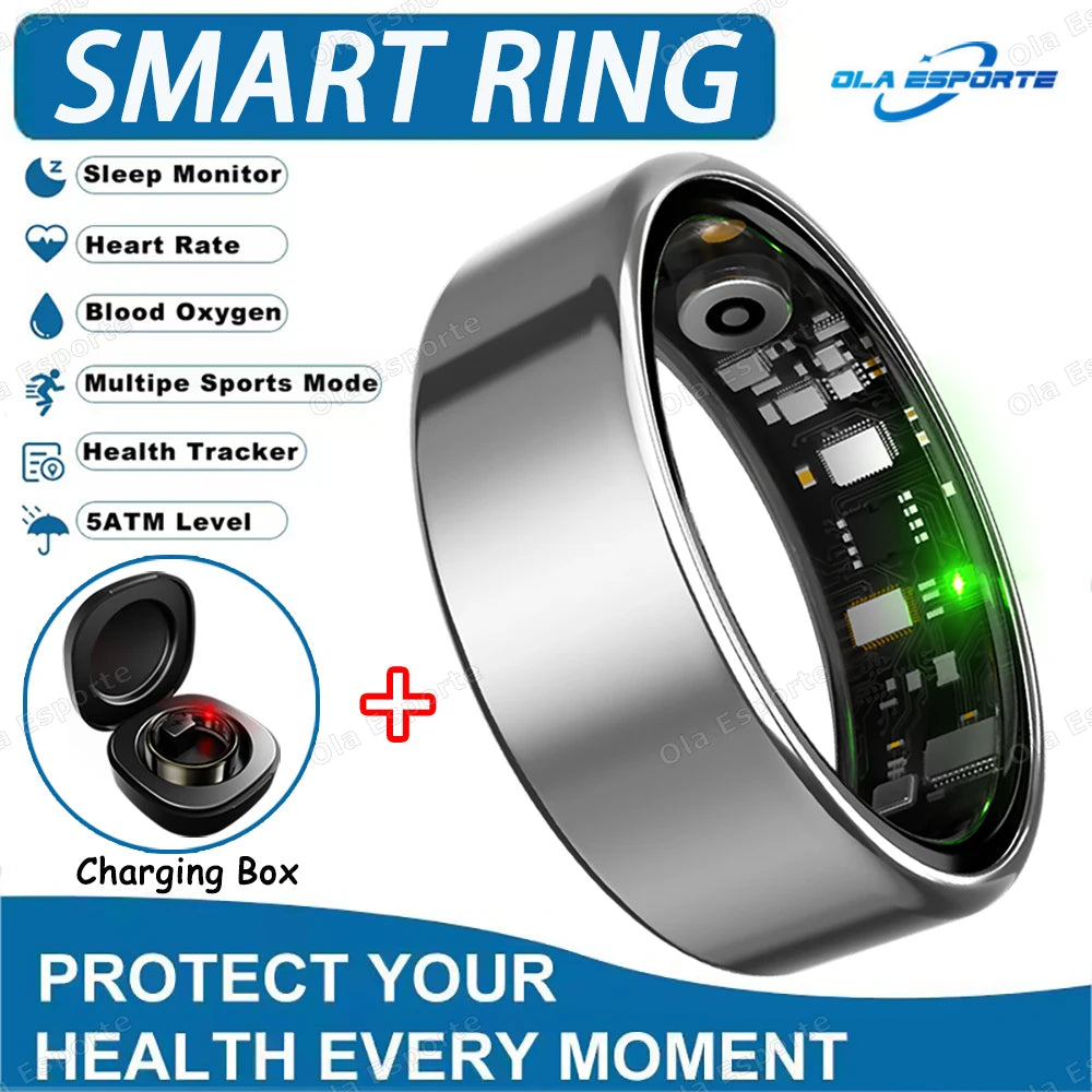 New R09 Smart Ring Men Women with Charging Case,Heart Rate Blood Oxygen,Skin Temperature Monitor,5ATM Waterproof For Android IOS
