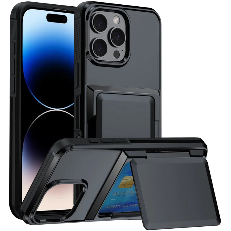 iPhone 15, 14, 16, 13, 12, 11 Pro Max के लिए शॉकप्रूफ सिलिकॉन वॉलेट कार्ड स्लॉट फ्लिप फोन केस, iPhone 17 के लिए ब्रैकेट प्रोटेक्टिव केस