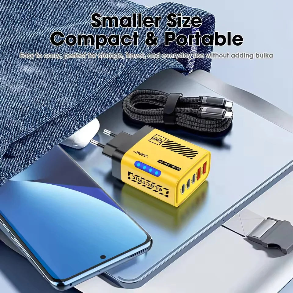 5 IN 1 GaN Desktop Charger For IPhone17 16Pro Laptop Samsung 240W Fast Charging Adapter USB C To Type-C Cable 3PD 2USB Charger