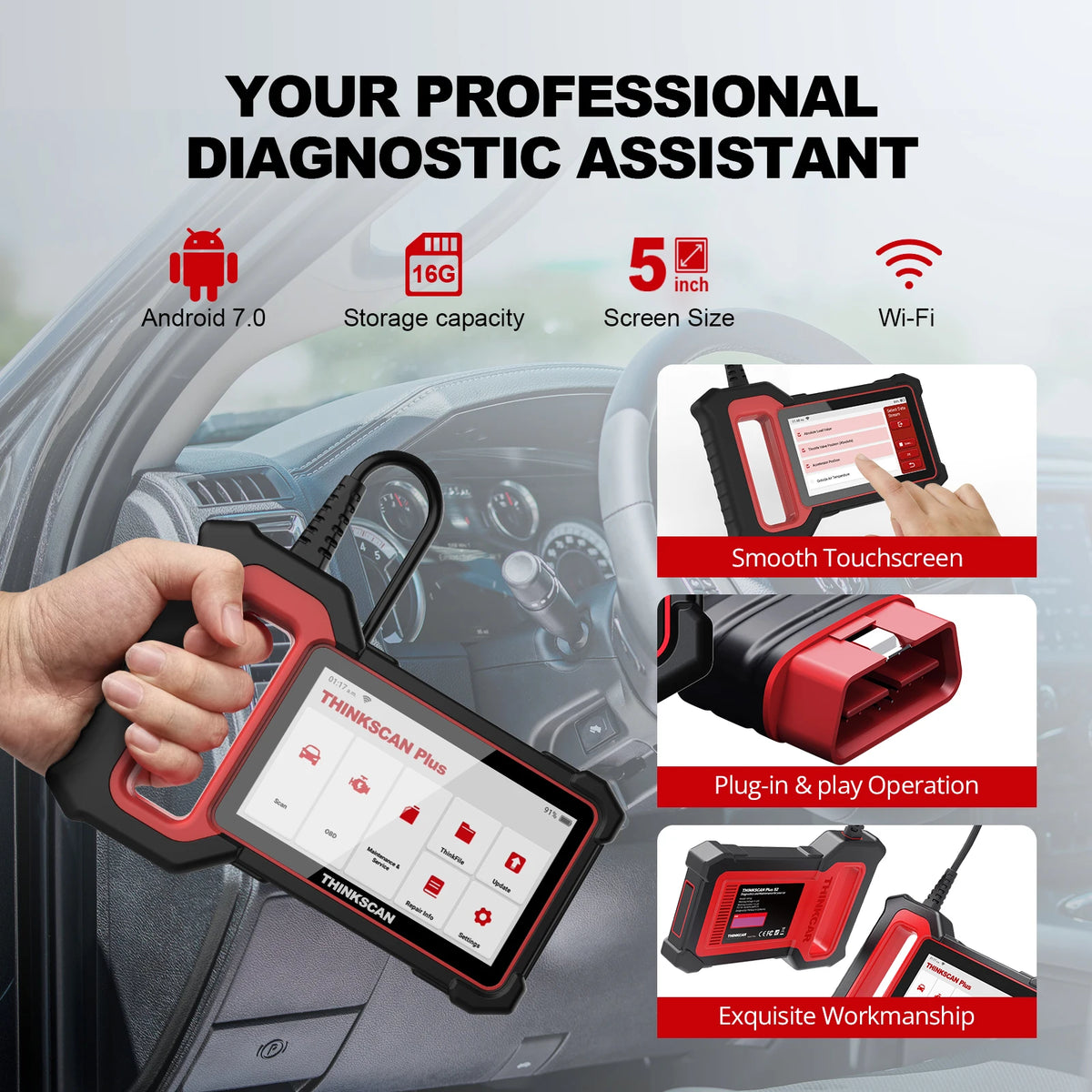 جهاز فحص أعطال السيارات Thinkscan Plus S7 OBD2، ماسح ضوئي لتشخيص أعطال المحرك، ونظام منع انغلاق المكابح (ABS)، وناقل الحركة، ومكيف الهواء، ووحدة التحكم الإلكترونية (BCM)، والوسائد الهوائية، وقارئ أكواد الأعطال، وأدوات فحص السيارات.