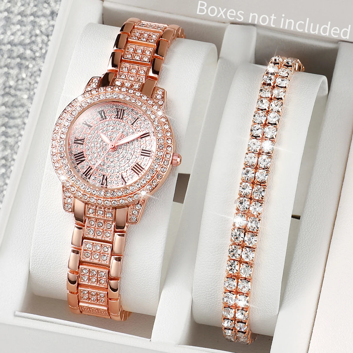 2PCS Fashion Full Diamond Women's Watch Gold Steel Band Analog Quartz Watches Bracelet Set