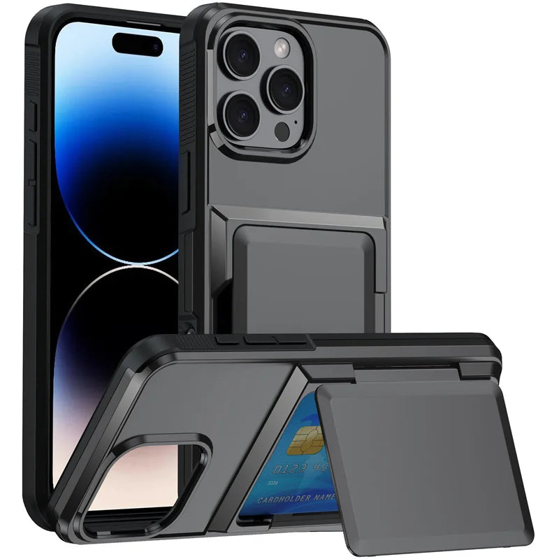 iPhone 15, 14, 16, 13, 12, 11 Pro Max के लिए शॉकप्रूफ सिलिकॉन वॉलेट कार्ड स्लॉट फ्लिप फोन केस, iPhone 17 के लिए ब्रैकेट प्रोटेक्टिव केस