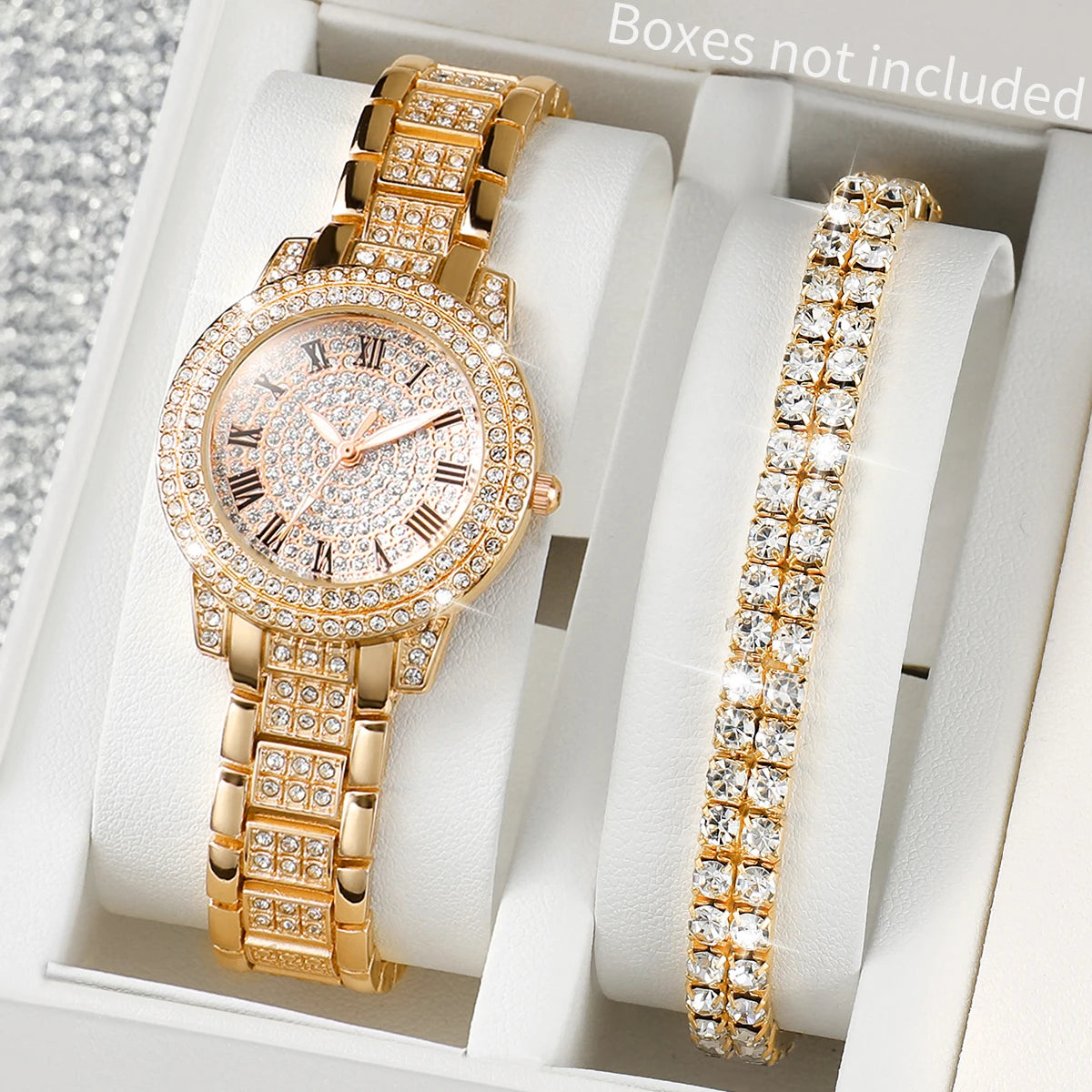 2PCS Fashion Full Diamond Women's Watch Gold Steel Band Analog Quartz Watches Bracelet Set